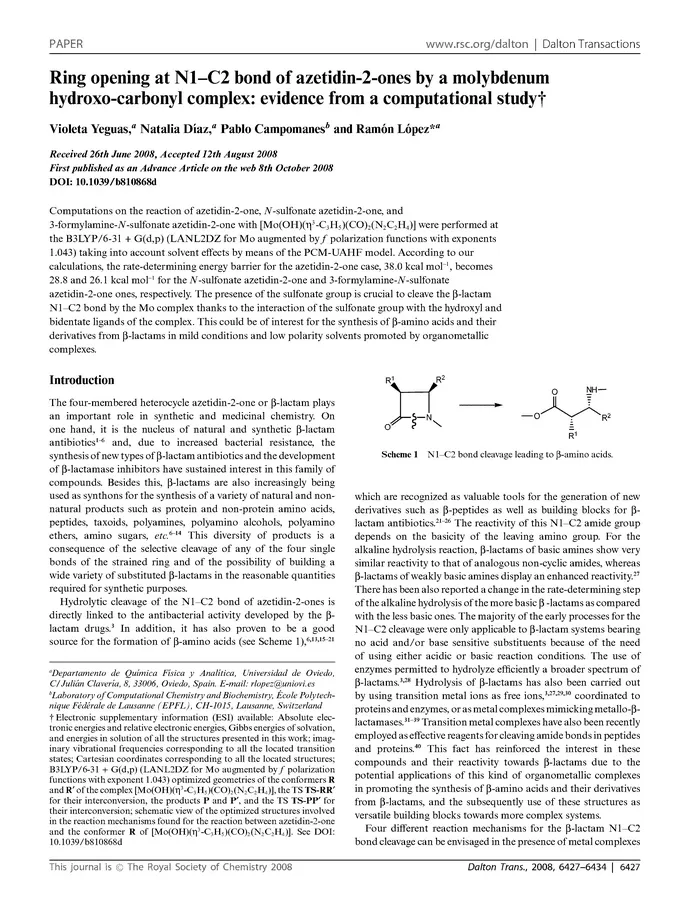 Ring opening at N1-C2 bond of azetidin-2-ones by a molybdenum hydroxo ...